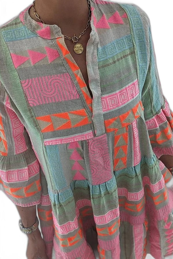 Effortless Geometric Mini Dress for Women with V Neck Bell Sleeve Tiered Flowing Casual Style