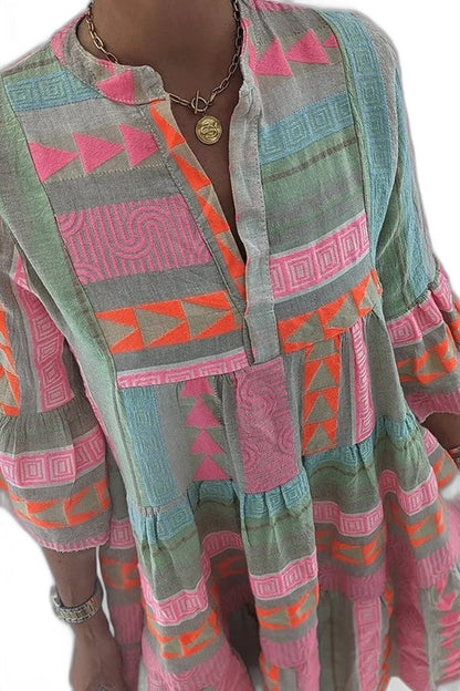 Effortless Geometric Mini Dress for Women with V Neck Bell Sleeve Tiered Flowing Casual Style