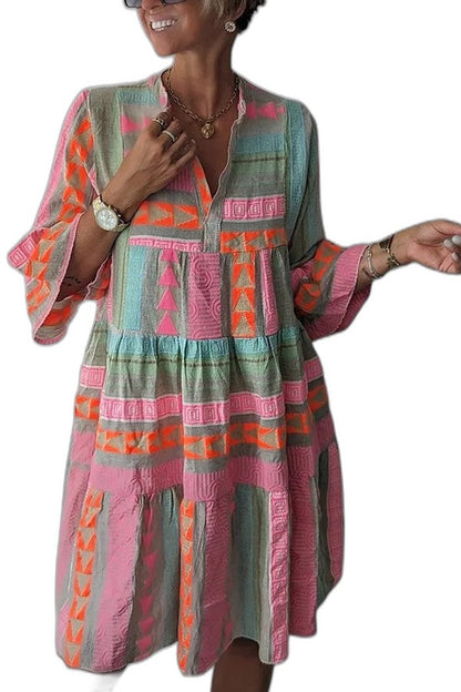 Effortless Geometric Mini Dress for Women with V Neck Bell Sleeve Tiered Flowing Casual Style