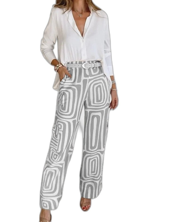 Effortless Geometric Pants for Women with Belted High Waisted Wide Leg Casual Style