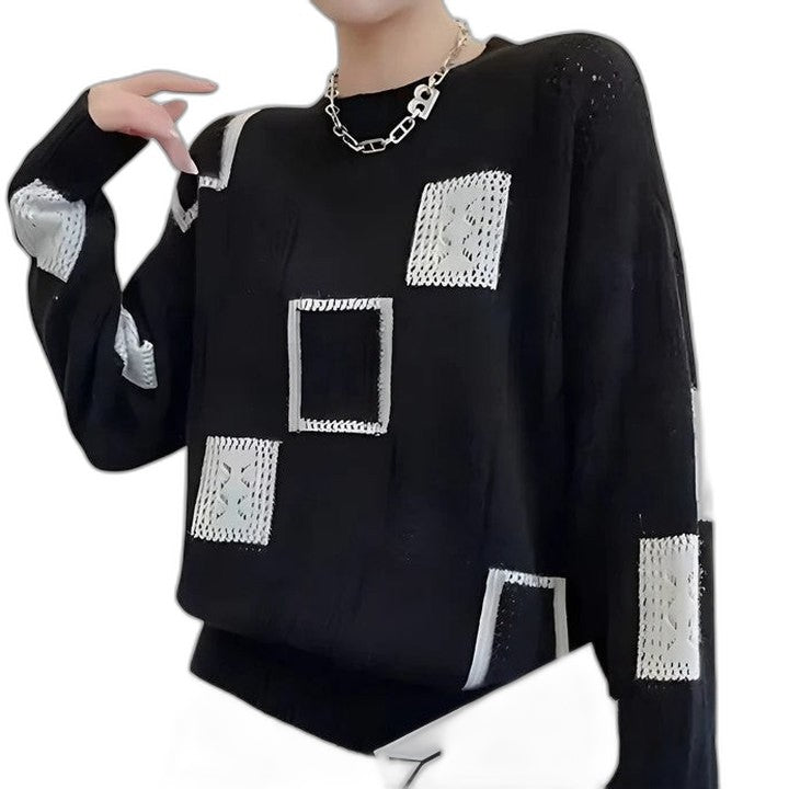 Effortless Geometric Sweater for Women with Crew Neck Long Sleeve Oversized Casual Style