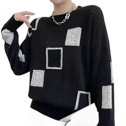 Effortless Geometric Sweater for Women with Crew Neck Long Sleeve Oversized Casual Style