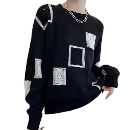Effortless Geometric Sweater for Women with Crew Neck Long Sleeve Oversized Casual Style