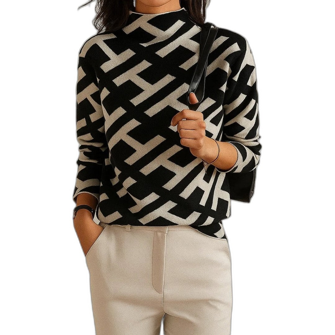 Effortless Geometric Sweater for Women with Knit Crew Neck Long Sleeve Casual Style