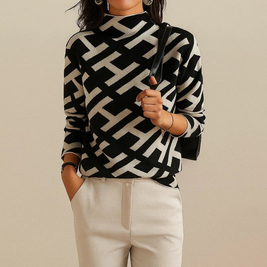 Effortless Geometric Sweater for Women with Knit Crew Neck Long Sleeve Casual Style