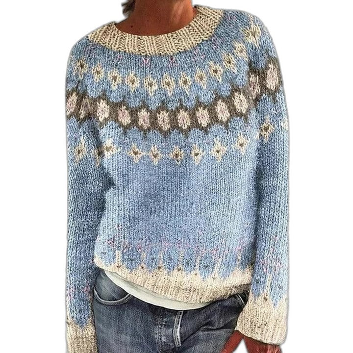 Effortless Geometric Sweater for Women with Knit Crew Neck Long Sleeve Casual Style