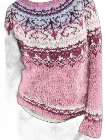 Effortless Geometric Sweater for Women with Knit Crew Neck Long Sleeve Casual Style