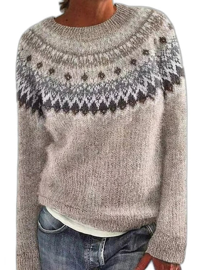 Effortless Geometric Sweater for Women with Knit Crew Neck Long Sleeve Casual Style