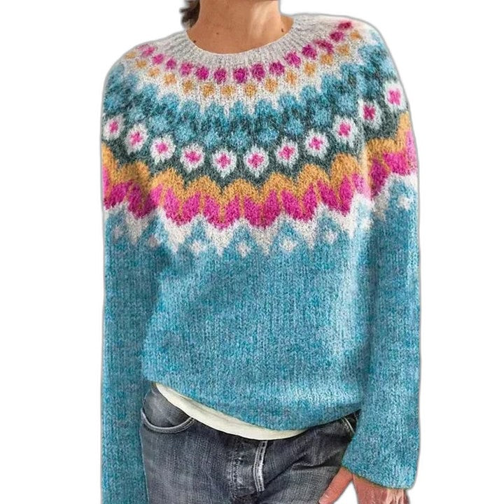 Effortless Geometric Sweater for Women with Knit Crew Neck Long Sleeve Casual Style