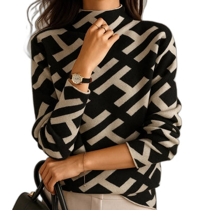 Effortless Geometric Sweater for Women with Knit Crew Neck Long Sleeve Casual Style
