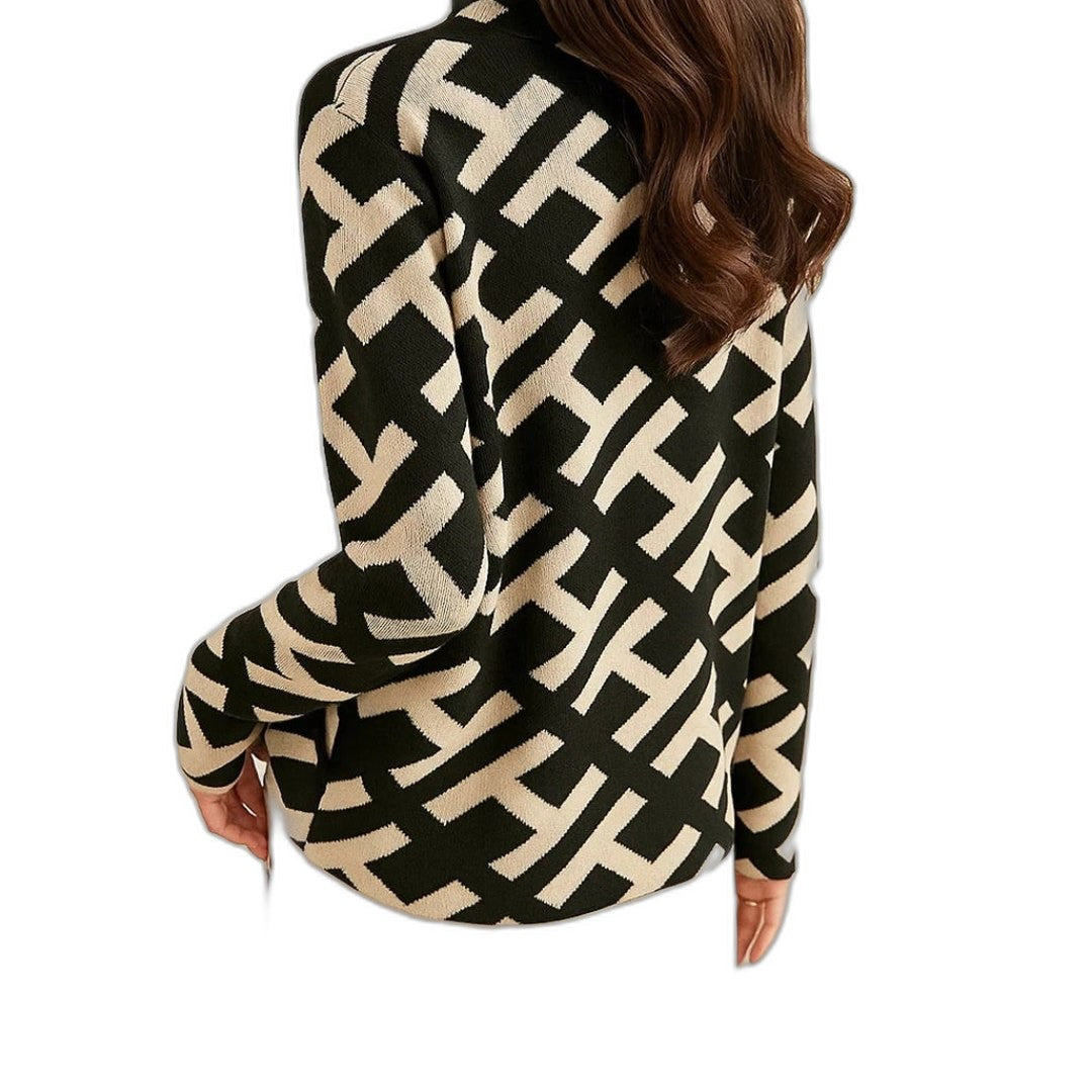 Effortless Geometric Sweater for Women with Knit Crew Neck Long Sleeve Casual Style
