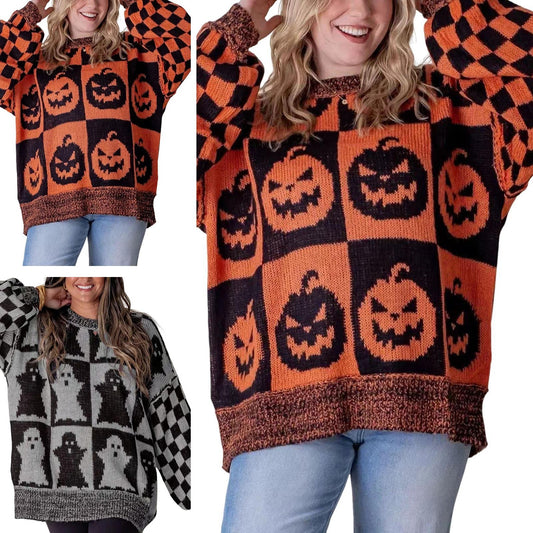 Effortless Geometric Sweater for Women with Knit Crew Neck Long Sleeve Oversized Casual Style