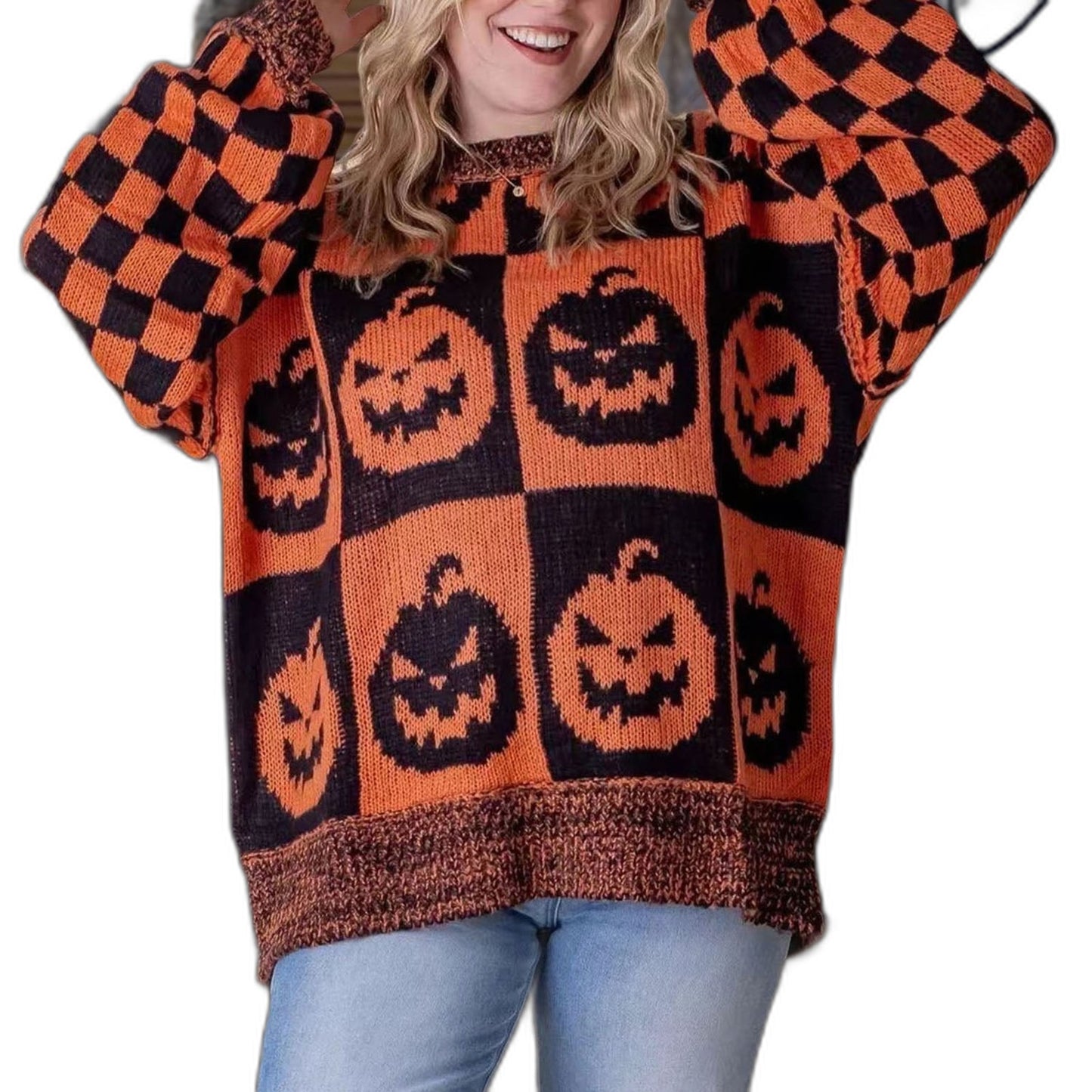 Effortless Geometric Sweater for Women with Knit Crew Neck Long Sleeve Oversized Casual Style