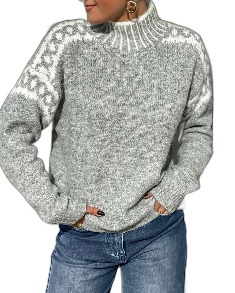 Effortless Geometric Sweater for Women with Knit Turtleneck Long Sleeve Casual Style