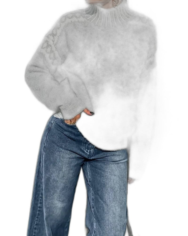 Effortless Geometric Sweater for Women with Knit Turtleneck Long Sleeve Casual Style