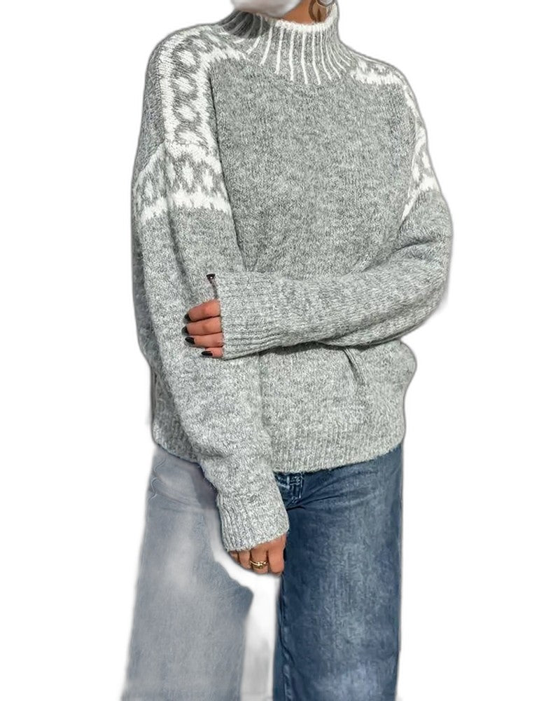Effortless Geometric Sweater for Women with Knit Turtleneck Long Sleeve Casual Style