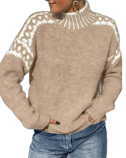 Effortless Geometric Sweater for Women with Knit Turtleneck Long Sleeve Casual Style
