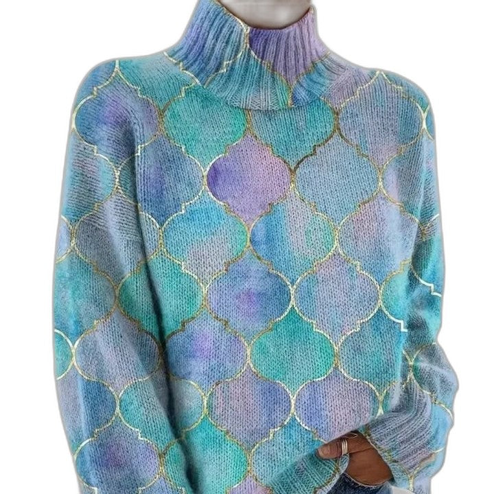 Effortless Geometric Sweater for Women with Knit Turtleneck Long Sleeve Casual Style