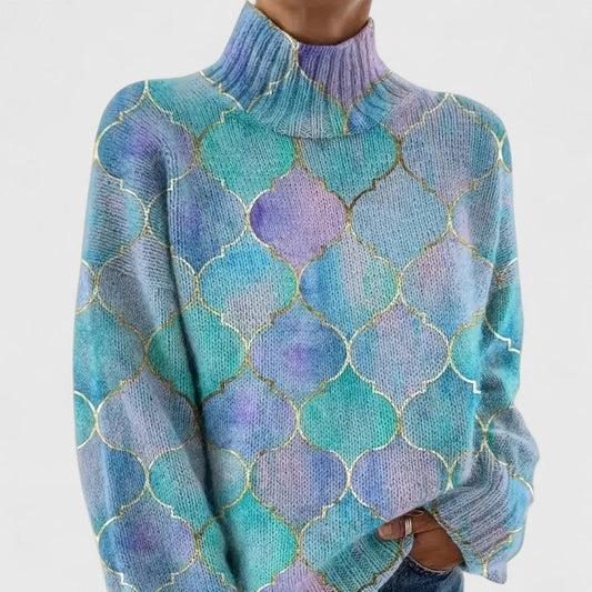 Effortless Geometric Sweater for Women with Knit Turtleneck Long Sleeve Casual Style
