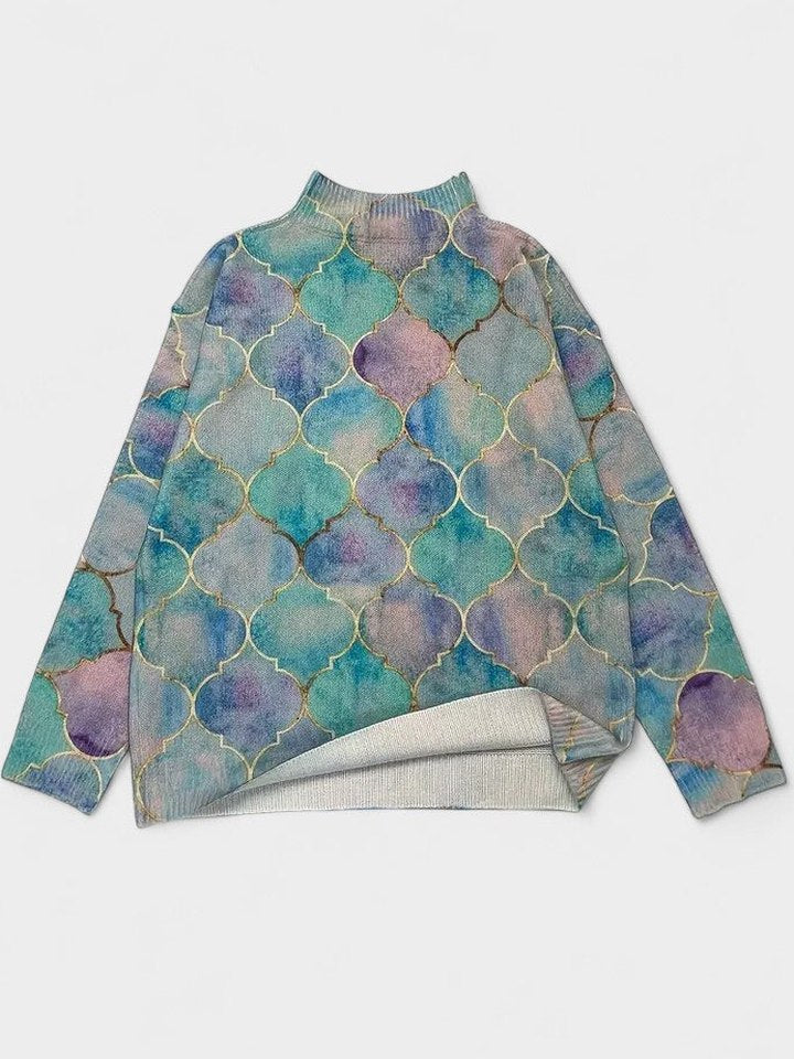 Effortless Geometric Sweater for Women with Knit Turtleneck Long Sleeve Casual Style