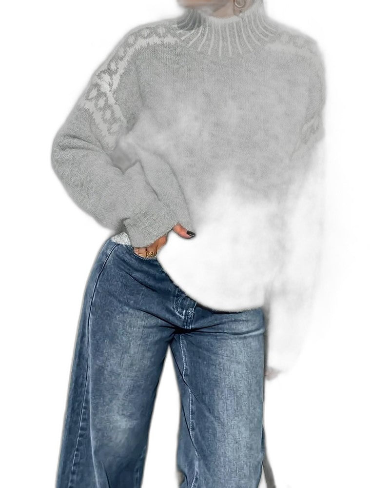 Effortless Geometric Sweater for Women with Knit Turtleneck Long Sleeve Casual Style