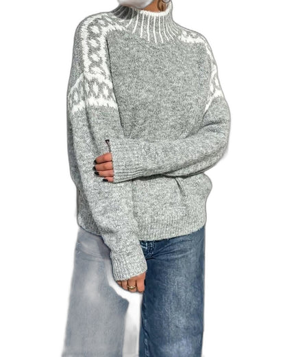 Effortless Geometric Sweater for Women with Knit Turtleneck Long Sleeve Casual Style