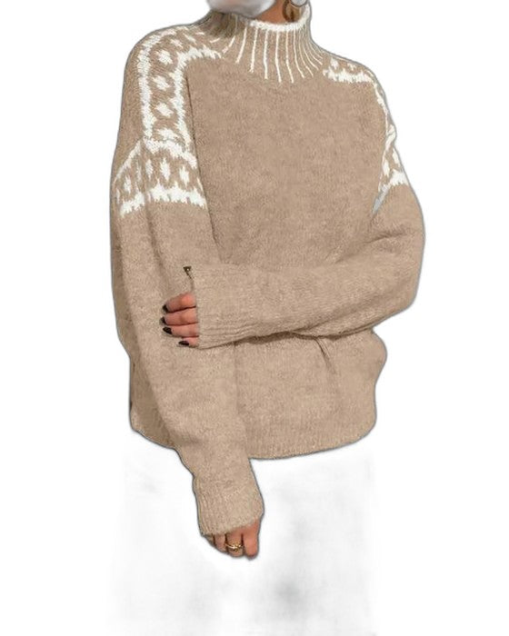 Effortless Geometric Sweater for Women with Knit Turtleneck Long Sleeve Casual Style