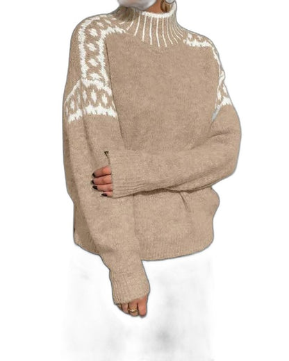 Effortless Geometric Sweater for Women with Knit Turtleneck Long Sleeve Casual Style