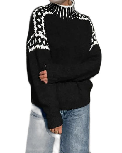 Effortless Geometric Sweater for Women with Knit Turtleneck Long Sleeve Casual Style