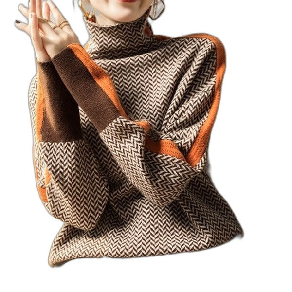 Effortless Geometric Sweater for Women with Turtleneck Long Sleeve Casual Style
