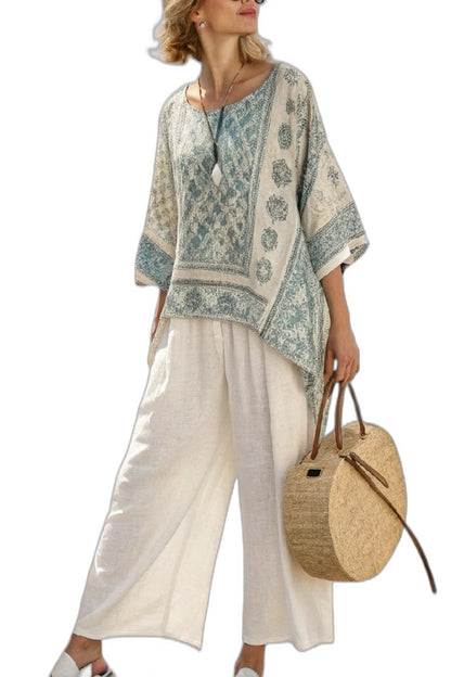 Effortless Geometric Tunic for Women with V Neck Short Sleeve Flowing Oversized Casual Style