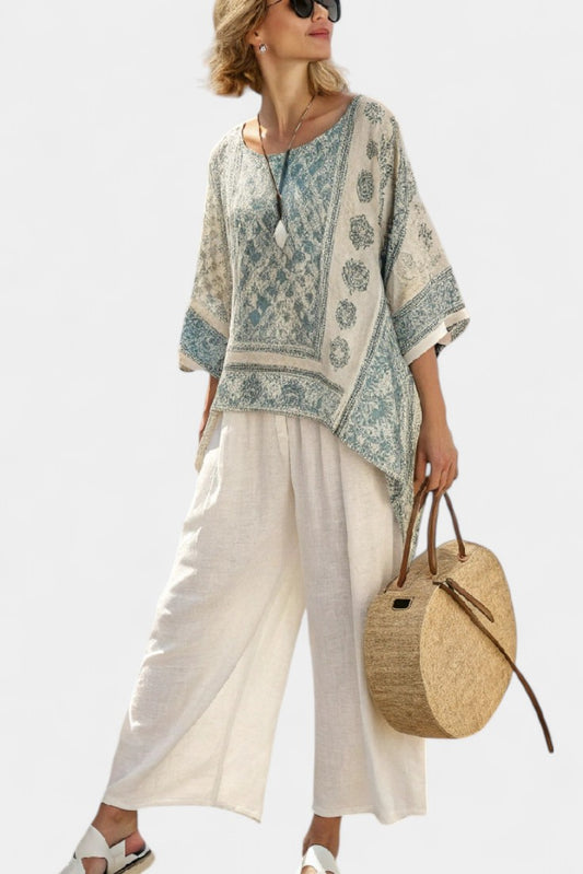 Effortless Geometric Tunic for Women with V Neck Short Sleeve Flowing Oversized Casual Style