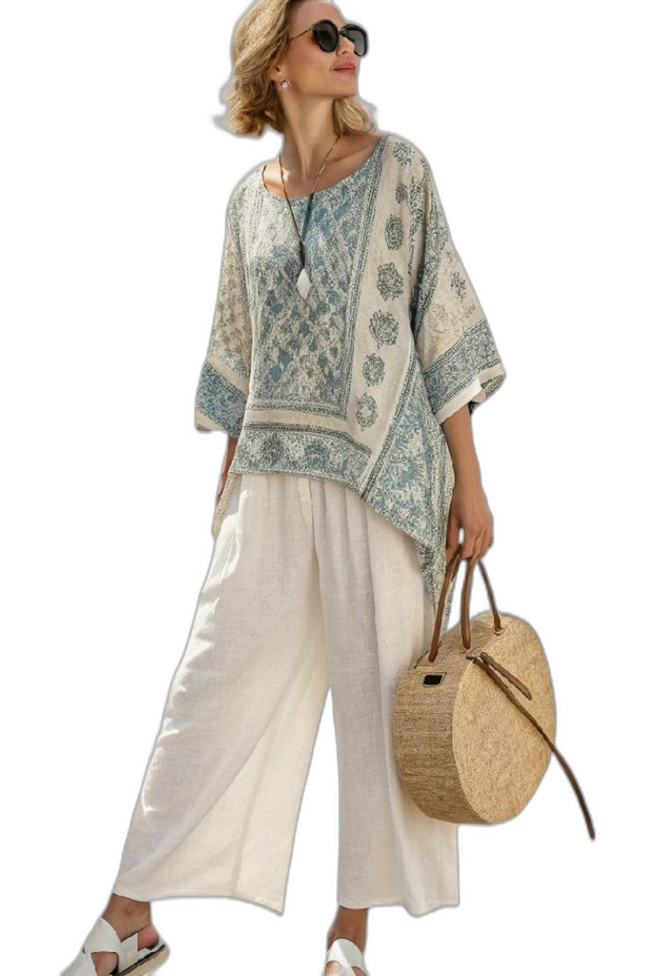 Effortless Geometric Tunic for Women with V Neck Short Sleeve Flowing Oversized Casual Style