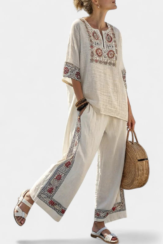 Effortless Geometric Two Piece Set for Women with Wide Leg Embroidered Casual Style