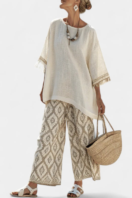 Effortless Geometric Two Piece Set for Women with Wide Leg Flowing Casual Style