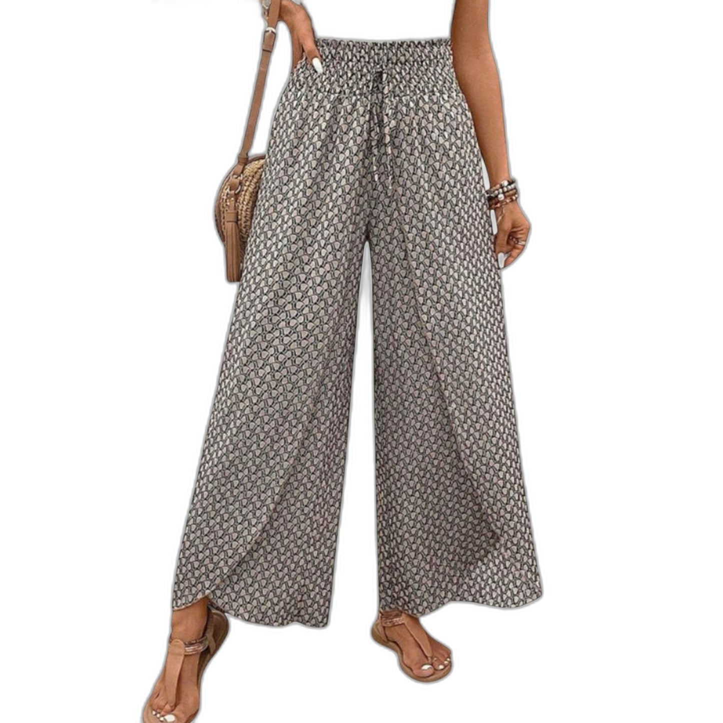 Effortless Geometric Wide Leg Pants for Women with Belted High Waisted Palazzo Casual Style