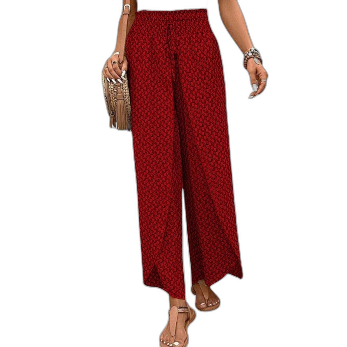 Effortless Geometric Wide Leg Pants for Women with Belted High Waisted Palazzo Casual Style
