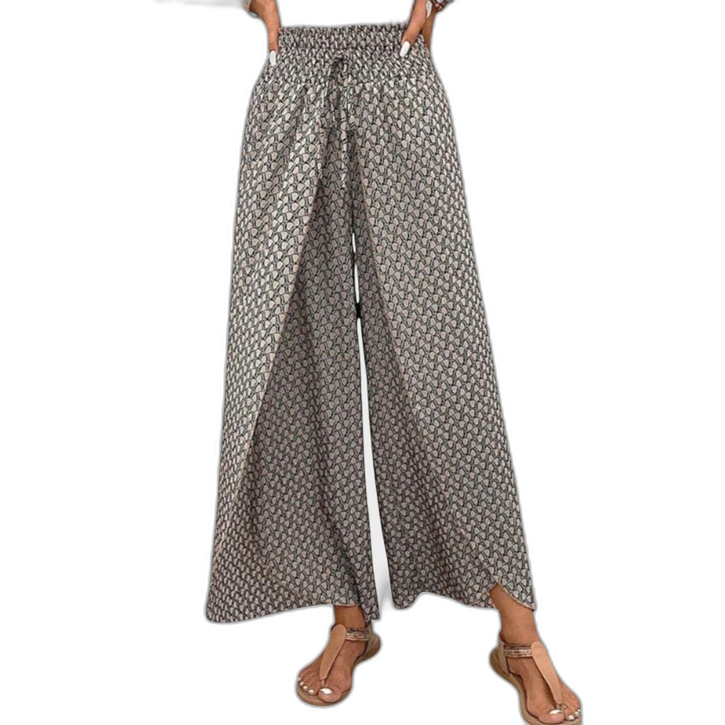 Effortless Geometric Wide Leg Pants for Women with Belted High Waisted Palazzo Casual Style