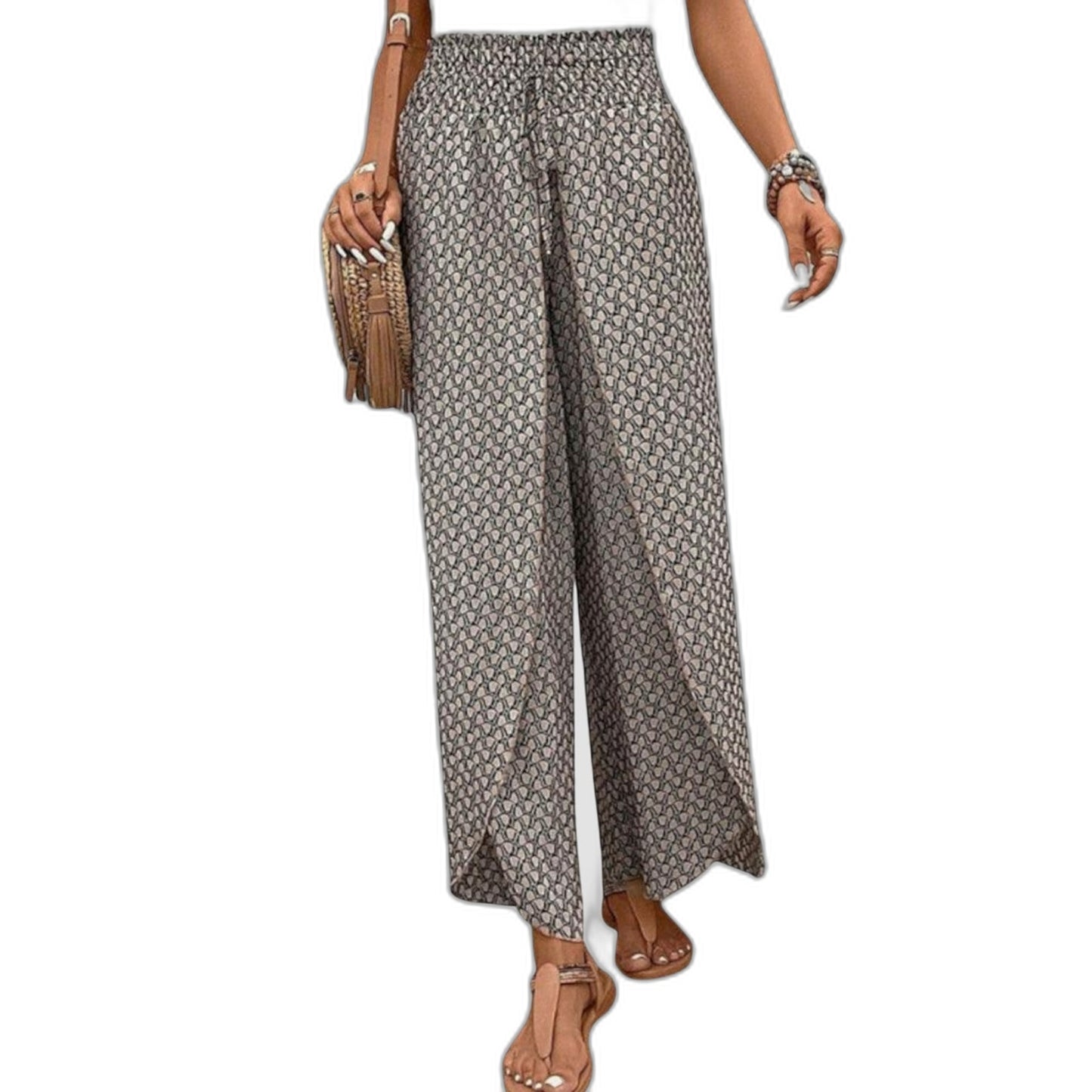 Effortless Geometric Wide Leg Pants for Women with Belted High Waisted Palazzo Casual Style