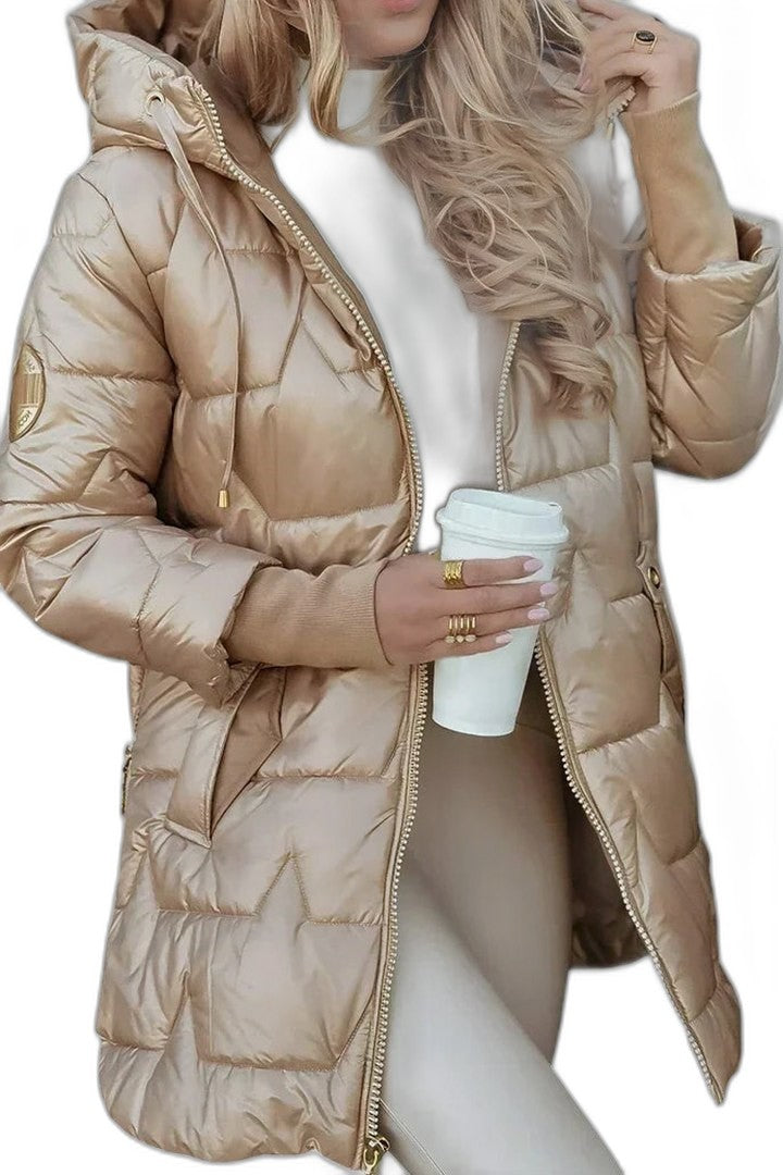 Effortless Gold Puffer Jacket for Women with Long Sleeve Pockets Quilted Casual Style