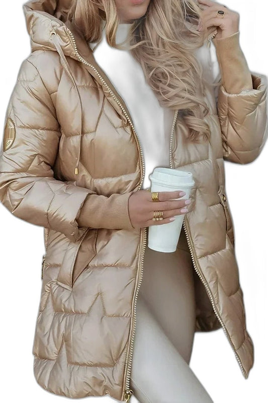 Effortless Gold Puffer Jacket for Women with Long Sleeve Pockets Quilted Casual Style