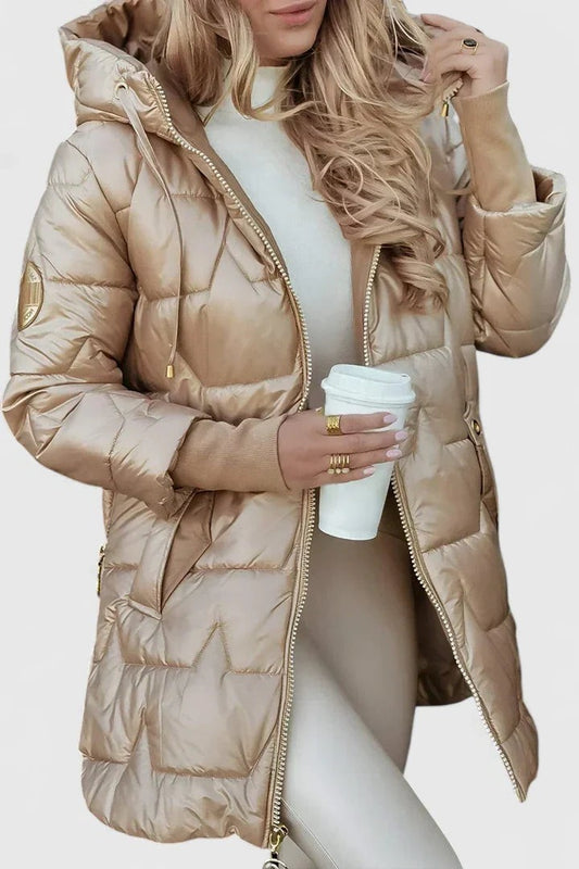 Effortless Gold Puffer Jacket for Women with Long Sleeve Pockets Quilted Casual Style