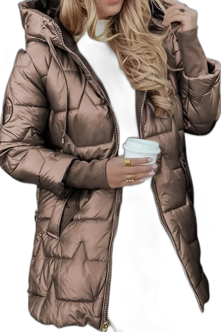 Effortless Gold Puffer Jacket for Women with Long Sleeve Pockets Quilted Casual Style