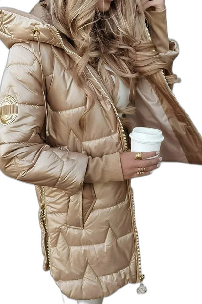 Effortless Gold Puffer Jacket for Women with Long Sleeve Pockets Quilted Casual Style