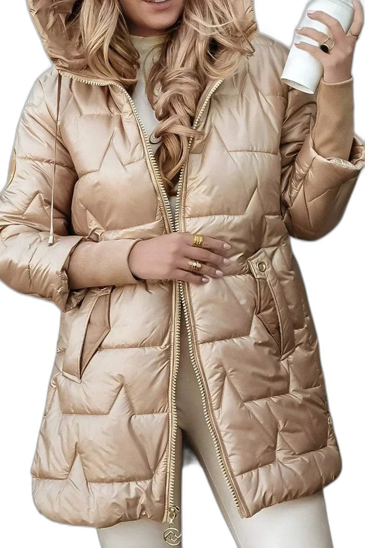 Effortless Gold Puffer Jacket for Women with Long Sleeve Pockets Quilted Casual Style