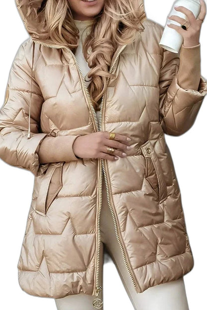 Effortless Gold Puffer Jacket for Women with Long Sleeve Pockets Quilted Casual Style