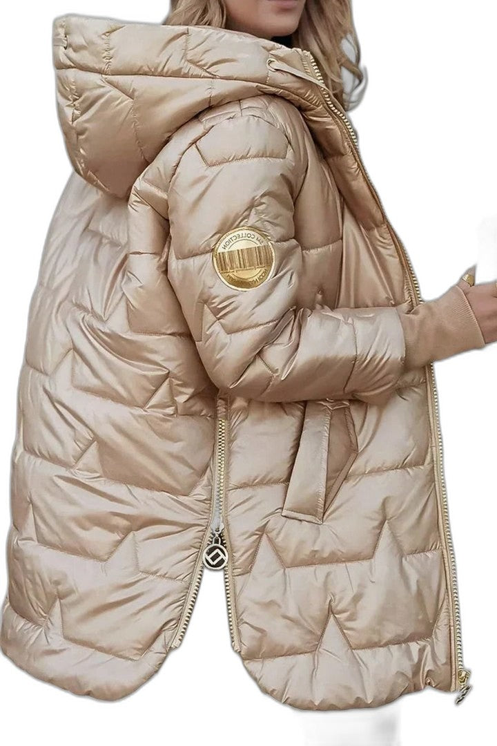 Effortless Gold Puffer Jacket for Women with Long Sleeve Pockets Quilted Casual Style