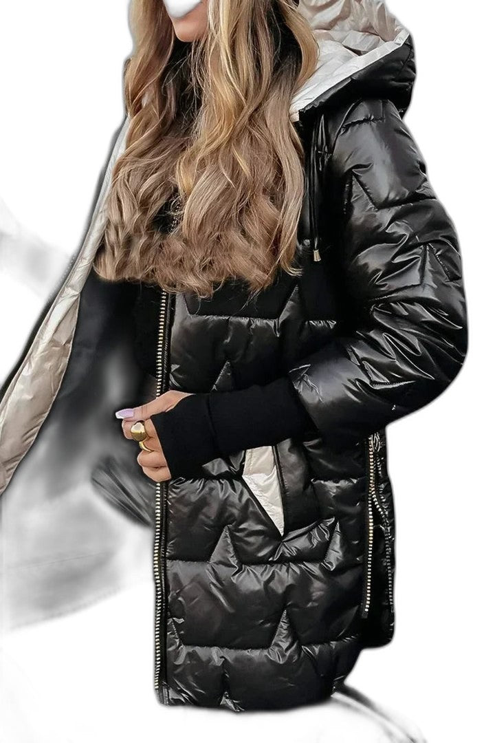 Effortless Gold Puffer Jacket for Women with Long Sleeve Pockets Quilted Casual Style