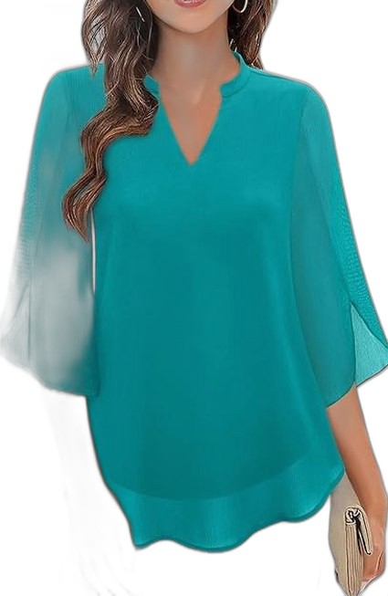 Effortless Green Chiffon Blouse for Women with V Neck Short Sleeve Flowing Casual Style