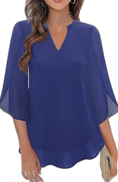 Effortless Green Chiffon Blouse for Women with V Neck Short Sleeve Flowing Casual Style